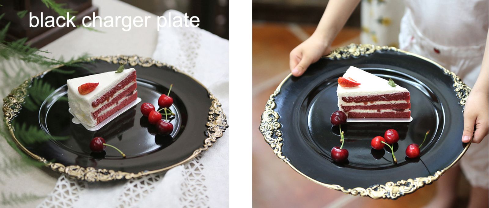 High End Round Shiny Dish Plates Wedding Decoration 33cm Plastic Luxury Black Charger Plates