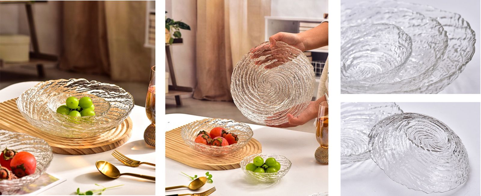 Light Luxury Glass Fruit Transparent Irregular Swirl Plate Large Size Glass Bowl Clear Glass Charger Plate with Gold Rim