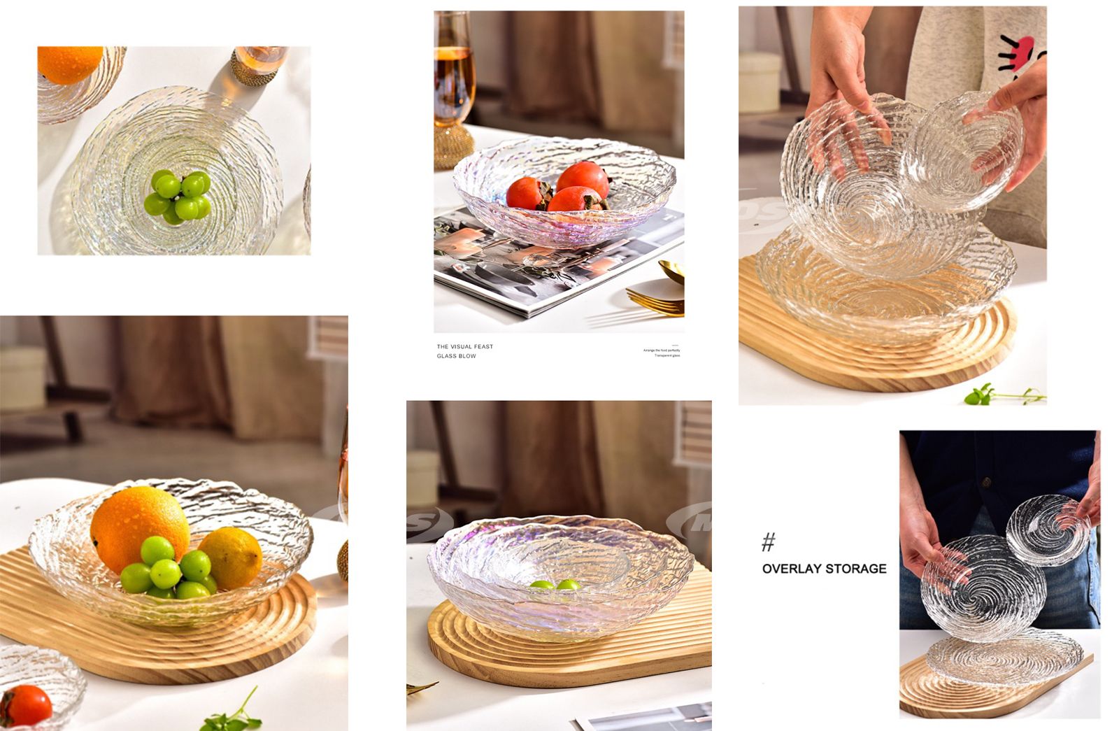 Light Luxury Glass Fruit Transparent Irregular Swirl Plate Large Size Glass Bowl Clear Glass Charger Plate with Gold Rim