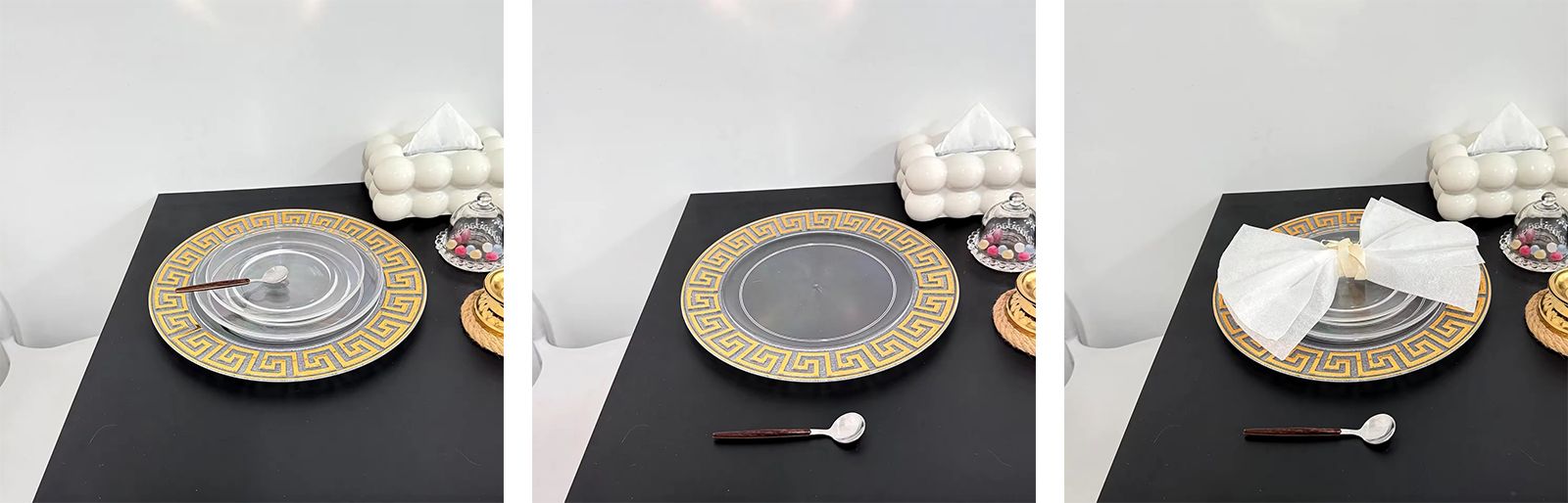 Luxury Modern Transparent Plastic Dishes Party 13 inch Round Golden Ripple Clear Plastic Charger Plate