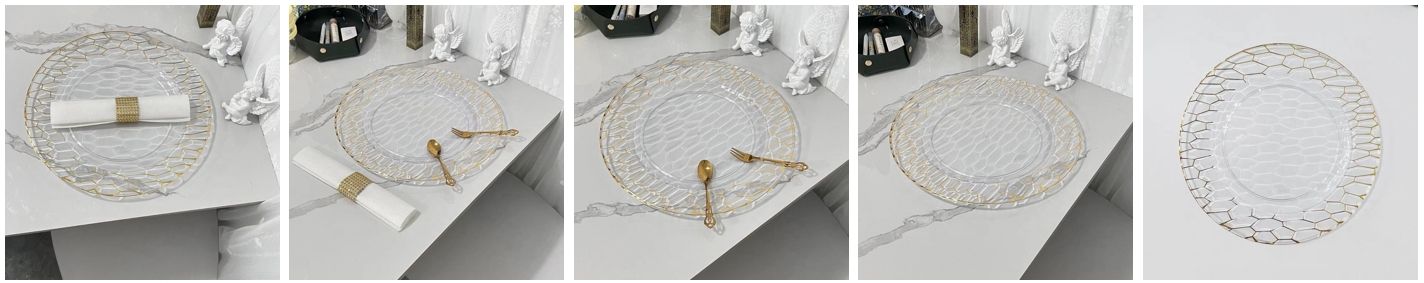 Round chargers plate 13inch wholesale gold rim clear plastic charger plates for wedding