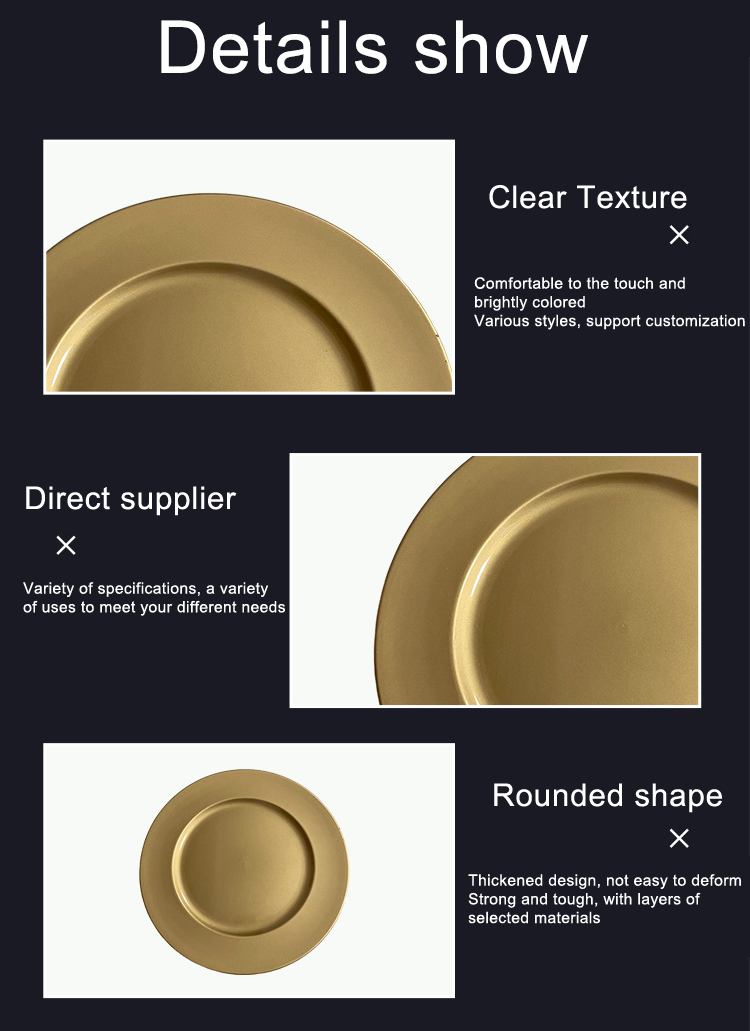 Wedding holidays party decor 13 inch round gold chargers tableware dish luxury plastic charger plates