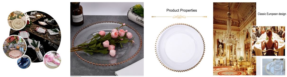 Wholesale heavyweight acrylic charger plates 13inch gold silver beaded clear plastic charger plate for wedding